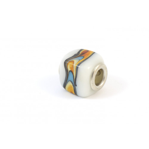 PANDORA STYLE LAMPWORKED GLASS CUBE, OPAQUE WHITE WITH BLUE AND BROWN DESIGN